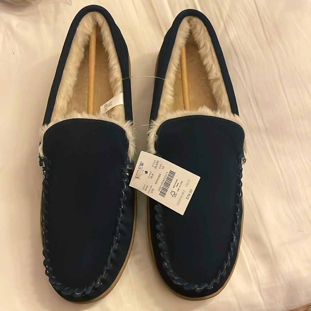 J. CREW INDIGO VINTAGE SUEDE SLIPPERS. FLUFFY INTERIOR! NEW WITH TAGS - Picture 2 of 5